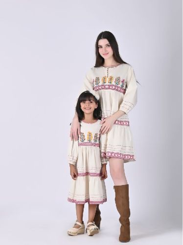 Mother and Daughter Ehreal Embroidery Mini Dress