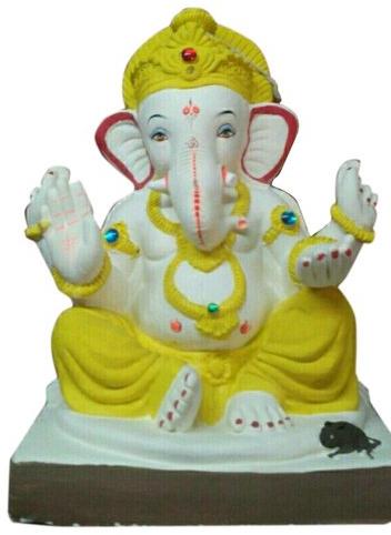 10 Inch Yellow Clay Ganesh Statue, For Religious Purpose, Pattern : Printed
