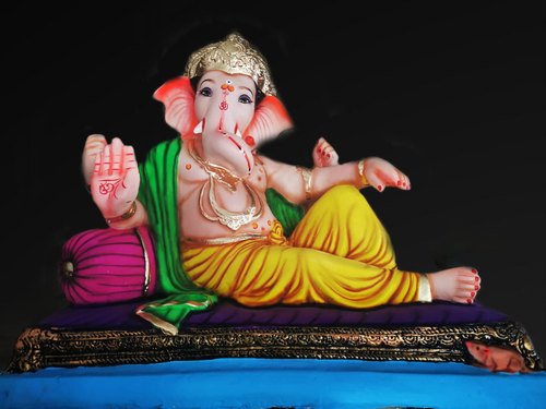 13 Inch Clay Ganesh Statue, For Religious Purpose, Pattern : Printed