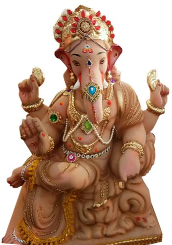 14 Inch Brown Clay Ganesh Statue, For Religious Purpose, Pattern : Printed