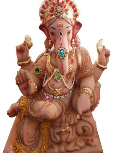 16 Inch Clay Ganesh Statue, For Religious Purpose, Pattern : Printed