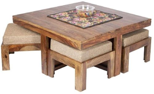 Square Wooden 4 Seater Coffee Table Set, For Hotel, Home, Specialities : Fine Finishing