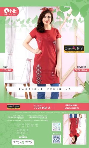 Cotton Printed Ladies Long Kurti, Neck Shape : Round Neck