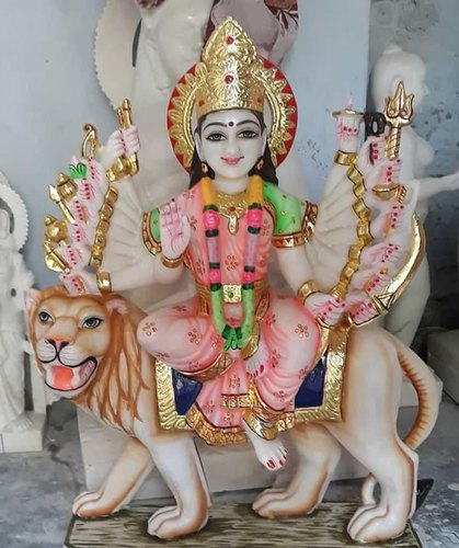 Marble Sitting Durga Maa Statue, For Worship, Temple, Pattern : Painted