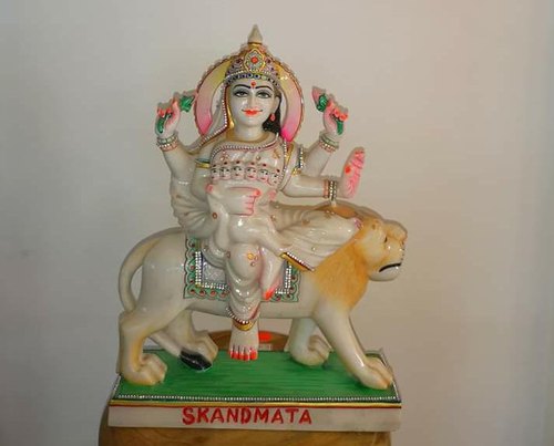 Polished Painted Marble Skandmata Statue, For Worship