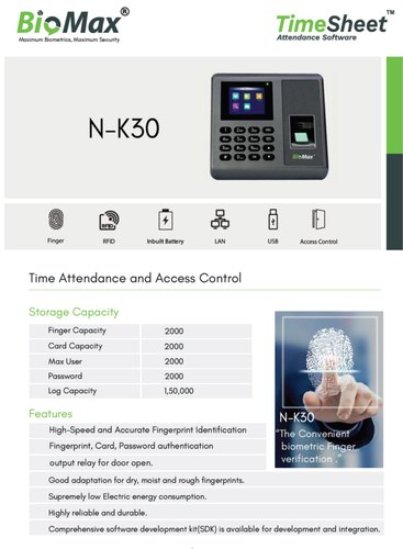 Biomax N-K30 Biometric Attendance With Access Control and Battery Backup
