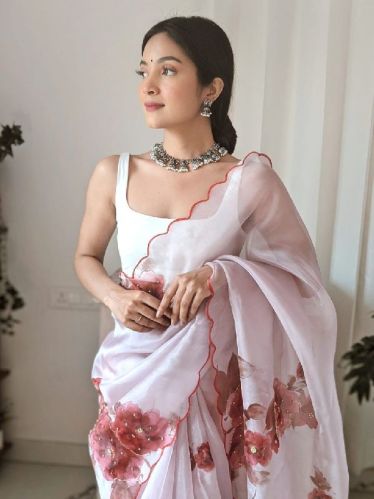 Soft Pure Organza Handwork Sarees, For Dry Cleaning, Age Group : Girls