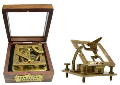 Brass Square Sundial Compass With Wooden Box