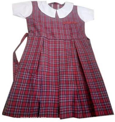 Checked Cotton School Uniform Frock, Gender : Girls