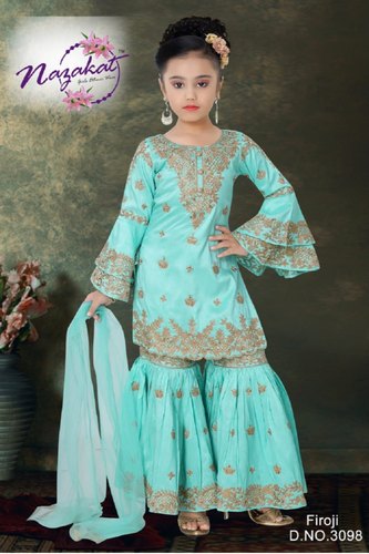 Nazakat Round Neck Embroidered Kids Firoji Sharara, Occasion : Party Wear