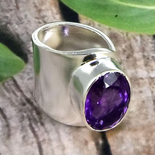 925 Sterling Silver Amethyst Cuff Adjustable Handmade Ring