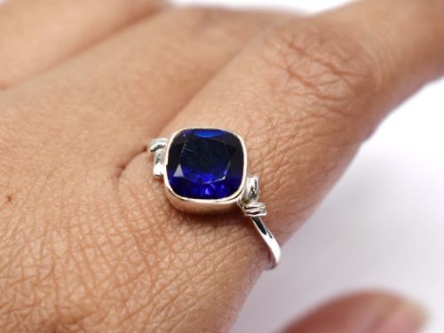 925 Sterling Silver Blue Sapphire Quartz Cushion Handmade Ring