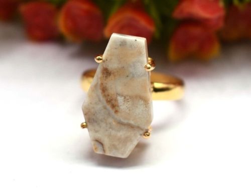 925 Sterling Silver Natural Ocean Jasper Coffin Prong Setting Handmade Ring