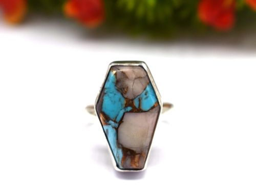 925 Sterling Silver Natural Pink Opal Copper Turquoise Coffin Ring