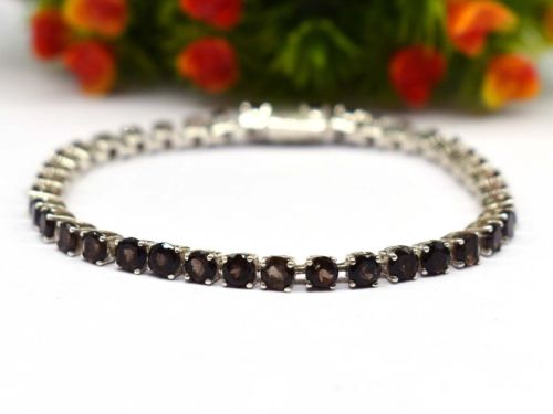925 Sterling Silver Smoky Quartz Round Gemstone Tennis Bracelet