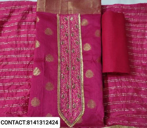 Chanderi Embroidered Banarsi Unstitched Salwar Suit, Occasion : Party Wear, Wedding Wear