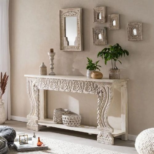 Traditional Carved White Wooden Console Table, For Restaurant, Hotel, Specialities : Stylish, Perfect Shape