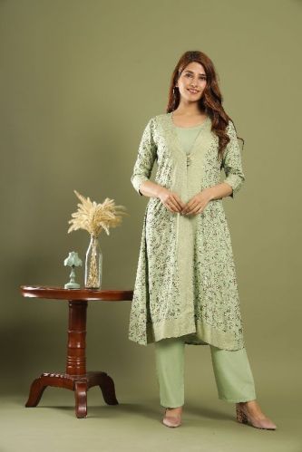 Green Crop Top With Palazzo and Shrug Set