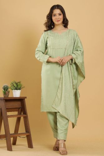 Pista Green Kurta Dupatta Palazzo Set, Size : Small, Medium, Large, XL