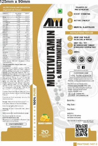 Multivitamin Effervescent Tablets, For Supplements, Packaging Size : 20x1