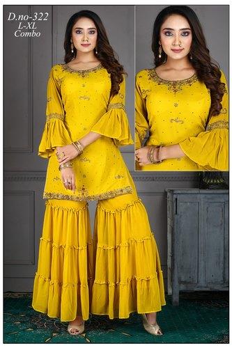 Georgette Manthsha Designer Sharara Suit, Color : Yellow