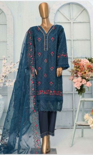 Full Sleeves Cotton Blue Sadabahar Designer Suit, Fit Type : Regular Fit