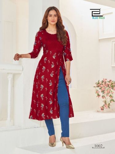 14 Kg Rayon Printed Designer Kurtis, Size : M, L, XL, XXL