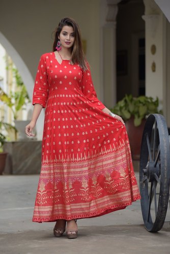 Printed Rayon Long Gown, Size : S, M