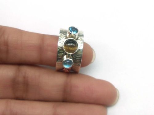 Natural Citrine, Rainbow Moonstone, Blue Topaz 925 Sterling Silver Spinner Ring