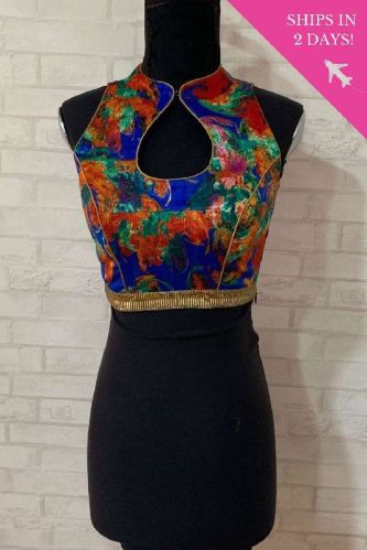 Blue Abstract Floral High Neck Blouse, Size : 34