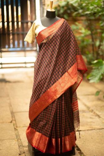 Checked Silk Cotton Saree With Red Threadwork Border