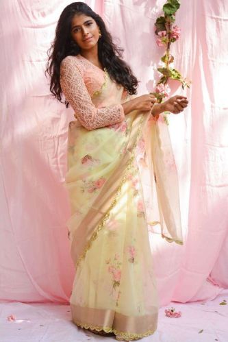 Floral Print Organza Saree, Width : 45 Inches