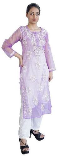 Plain Chikankari Organza Kurti, Size : S, M, XL