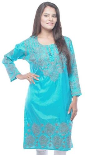 Plain Cotton Silk Chikankari Kurti, Size : M, XL, XXL