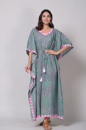 C-Green Bail Printed With Ikat Border Print Nighty Kaftan