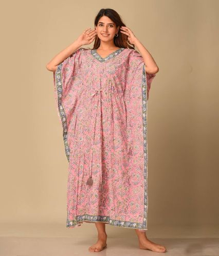 Blue Pink Mosaic Print Cotton Flushed Fiorella Nighty Kaftan, Size : XXS, XS, XL, 2XL, 3XL, 4XL