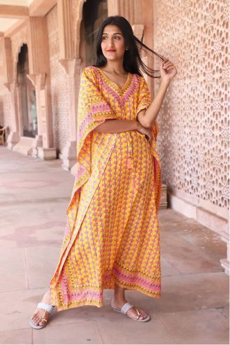 Multicoloured Block Printed Nightwear Kaftan, Size : S, XL, 8XL