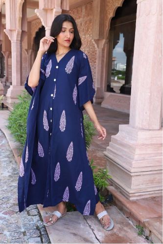 Paisley Indigo Printed V-Neck Nighty Kaftan, Size : M, XL, 8XL