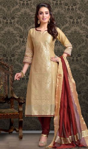 Regular Fit Chanderi Silk Churidar Suit, Stitch Type : Stitched