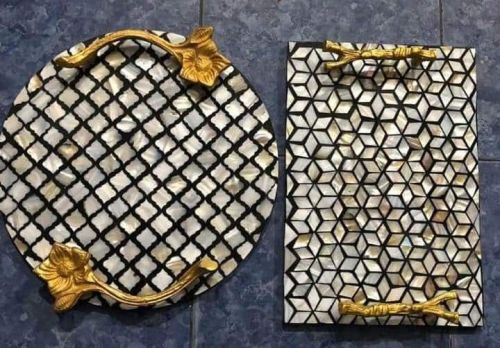 Square Wooden Tray With Shell Work, For Homes, Hotels, Restaurants
