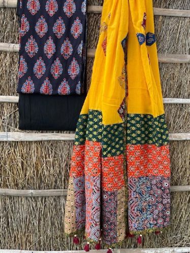 Cotton Ajrakh Print Dress Material With Patchwork Dupatta