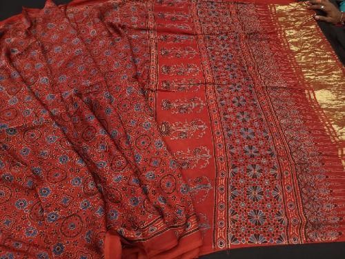 Pure Modal Soft Silk Ajrakh Printed Saree