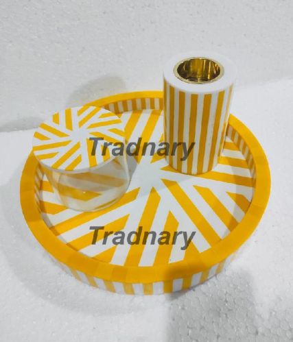 Yellow Resin Inlay Incense Burner Set Round Shape Bakhoor Set From Tradnary