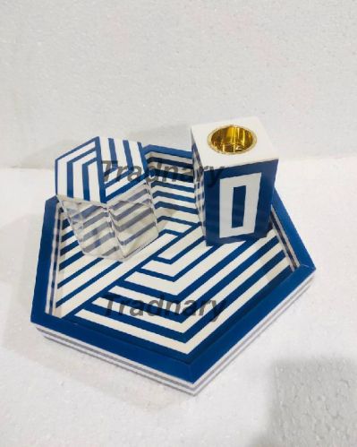 Blue Resin Hexagon Shape Inlay Incense Burner Set