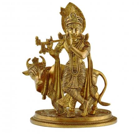 Brass Krishna With Cow Statue