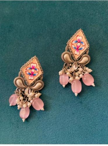 Brass Meenakari Enamel Stone Danglers, Color : Peach Pastel Pink
