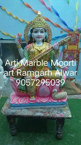 Polished Painted Makrana Marble Saraswati Statue, Size : 15 Inch