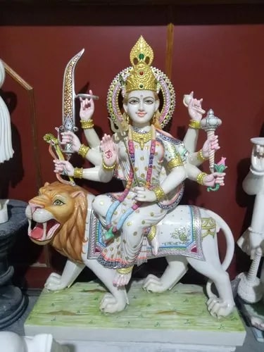 Marble Durga Statue With Lion, For Shiny, Pattern : Painted