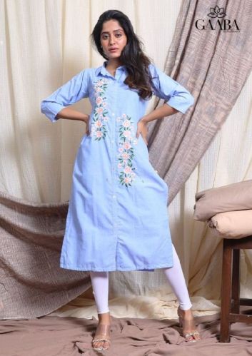 Floral Embroidered Brilliant Blue Kurti, Size : S, XL, XXL, XXXL