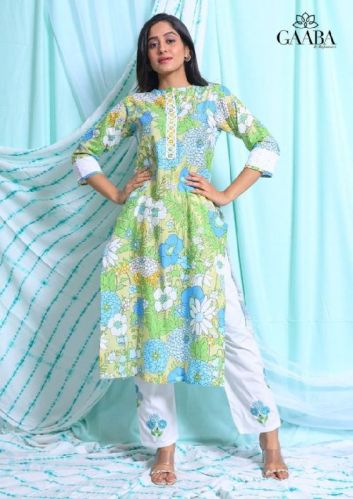 Printed Cotton Kurta With Embroidered Pant Set